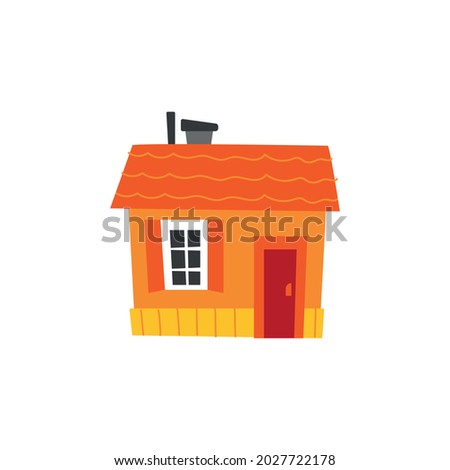 One-story small orange house with one window. Vector illustration in cartoon children s style. Isolated funny clipart on a white background. Cute housing print.