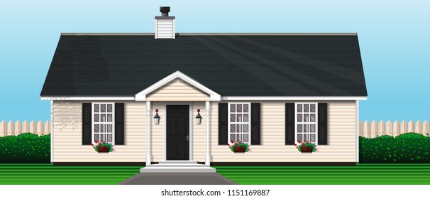 One-story wooden house with flowers on the windows. Rustic wooden house. Village house with fence against the green lawn background. Vector illustration