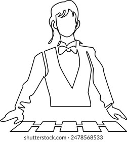 A one-stroke illustration of a female dealer dealing cards.
