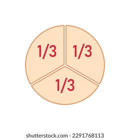 One-third fraction circle with fraction number. Fraction parts. Numerator, denominator and dividing line. Scientific vector illustration isolated on white background.