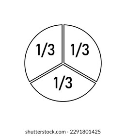 One-third fraction circle with fraction number. Fraction parts. Numerator, denominator and dividing line. Scientific vector illustration isolated on white background.