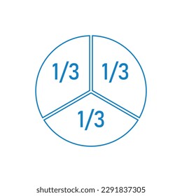 One-third fraction circle with fraction number. Fraction parts. Numerator, denominator and dividing line. Scientific vector illustration isolated on white background.