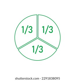 One-third fraction circle with fraction number. Fraction parts. Numerator, denominator and dividing line. Scientific vector illustration isolated on white background.