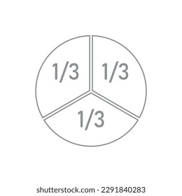 One-third fraction circle with fraction number. Fraction parts. Numerator, denominator and dividing line. Scientific vector illustration isolated on white background.