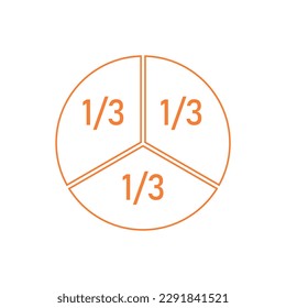 One-third fraction circle with fraction number. Fraction parts. Numerator, denominator and dividing line. Scientific vector illustration isolated on white background.