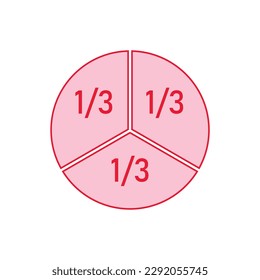 One-third fraction circle with fraction number. Fraction parts. Numerator, denominator and dividing line. Scientific vector illustration isolated on white background.