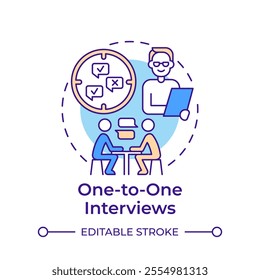 One-to-one interviews multi color concept icon. Hiring, employment. Feedback, survey. Round shape line illustration. Abstract idea. Graphic design. Easy to use in infographic, presentation