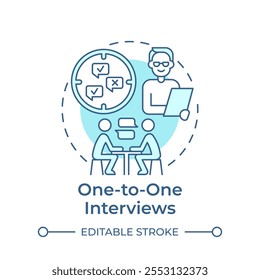 One-to-one interviews soft blue concept icon. Hiring, employment. Feedback, survey. Round shape line illustration. Abstract idea. Graphic design. Easy to use in infographic, presentation