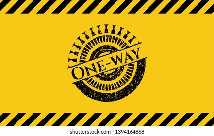 One-way black grunge emblem with yellow background. Vector Illustration. Detailed.