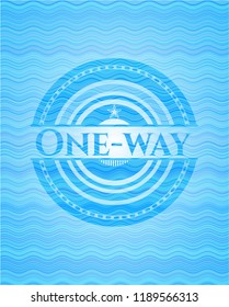 One-way light blue water wave badge background.