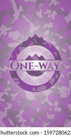 One-way pink and purple camouflage emblem. Vector Illustration. Detailed.