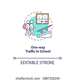 One-way traffic in school concept icon. Covid school safety rule idea thin line illustration. Uni-directional traffic. Single direction. Vector isolated outline RGB color drawing. Editable stroke