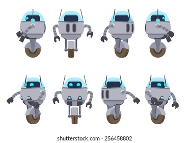 One-wheel futuristic robot. The objects are isolated against the white background and shown from different sides