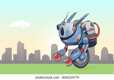 Robot de una ruedas montado en el fondo de un paisaje urbano. Robot de entrega no tripulado. Ilustración vectorial con espacio de copia.