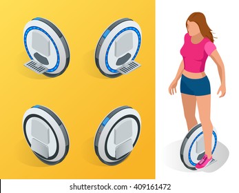 One-wheeled Self-balancing electric scooter vector isometric illustrations. Intelligent and fashionable personal transportation tool with interactive function. Concise, fashionable, decent and elegant