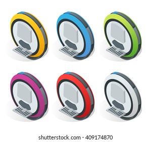 One-wheeled Self-balancing electric scooter vector isometric illustrations. Intelligent and fashionable personal transportation tool with interactive function. Concise, fashionable, decent and elegant