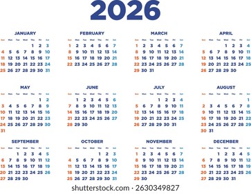 One-year calendar for 2026, horizontal design

