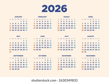 One-year calendar for 2026, horizontal design

