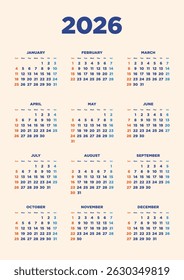 One-year calendar for 2026, vertical design