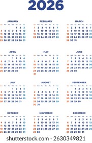 One-year calendar for 2026, vertical design