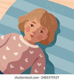 One-year-old girl lies on the beach, looks at the sky and dreams. Vector illustration