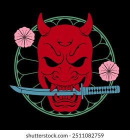 Máscara de demonio oni con símbolo de color de flor de Tanto y Sakura