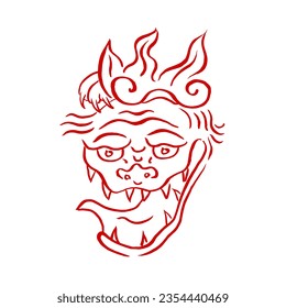 Máscara de Oni Demon. Dibujo vectorial, tinta, dibujo a mano, garabato, rojo sobre blanco. Cultura, tradición, monstruos, horror, estampado de camisetas, afiche, Halloween. Eps10