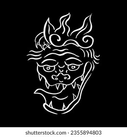 Máscara de Oni Demon. Dibujo vectorial, tinta, boceto, doodle, blanco sobre negro. Mitología japonesa, monstruos, horror, estampado de camisetas, afiche, halloween. Eps10