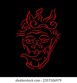 Máscara de Oni Demon. Dibujo vectorial, tinta, dibujo a mano, garabato, rojo sobre negro. Cultura japonesa, monstruos, horror, estampado de camisetas, afiche, halloween. Eps10