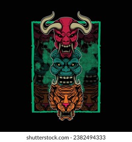 oni, demon tribe and tiger face artwork illustration