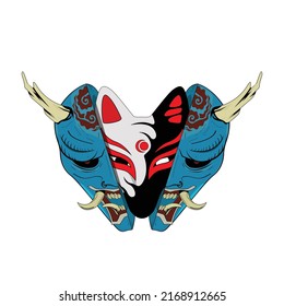 Oni Devil and Kitsune Traditional Japanese Demon Mask with Venom on Kitsune Mask.Designs for T-shirts,Costume, Tattoos, Stickers, Gaming Logos or Posters