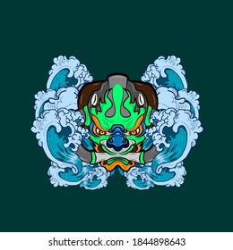 oni or devil mask illustration design for sukajan is mean japan traditional cloth or t-shirt with digital hand drawn Embroidery Men T-shirts Summer Casual Short Sleeve Hip Hop T Shirt Streetwear