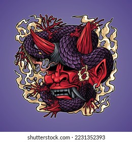 Oni are evil characters in Japanese folklore, with a long history of being vicious people who favor violence over almost everything else. looks scary-faced oni with a snake on his head.