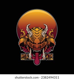 oni face with skulls and moon background