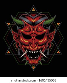 oni harajuku illustration. red skull logo with sacred background