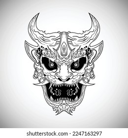 Oni Japanese Demon Outline Draw Illustration Artwork Vector. This outline drawing satan or demon creature from japan culture. It represent horror and death. The face is angry and hard to fight with. 