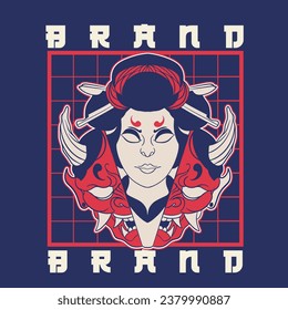 Oni Japanese girl devil mask, Vector illustration	
