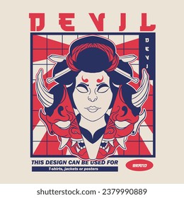 Oni Japanese girl devil mask, Vector illustration	
