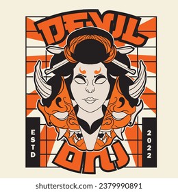 Oni Japanese girl devil mask, Vector illustration	
