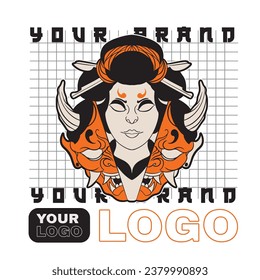 Oni Japanese girl devil mask, Vector illustration	
