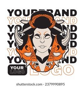 Oni Japanese girl devil mask, Vector illustration	
