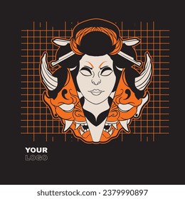 Oni Japanese girl devil mask, Vector illustration	
