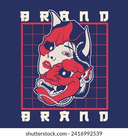 Oni Japanese girl devil mask, Vector illustration	
