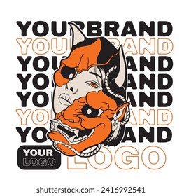 Oni Japanese girl devil mask, Vector illustration	
