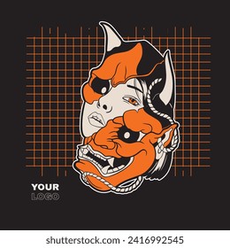Oni Japanese girl devil mask, Vector illustration	
