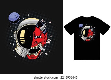 Oni mask astronaut helm vector illustration with tshirt design premium vector the Concept of Isolated Technology. Flat Cartoon Style Suitable for Landing Web Pages, Banners, Flyers, Stickers, Cards