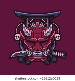 An Oni mask biting a wakizashi with a torii gate in the background. Ideal for Japanese-themed designs, tattoos, or gaming art.