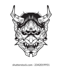 Oni mask. Black ink illustration isolated on white background. Illustration for the shirt.