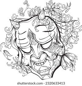 Oni mask devil with flower Vector illustration, Vector tattoo art design theme Oni Devil 