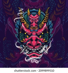 oni mask with dragon illustration